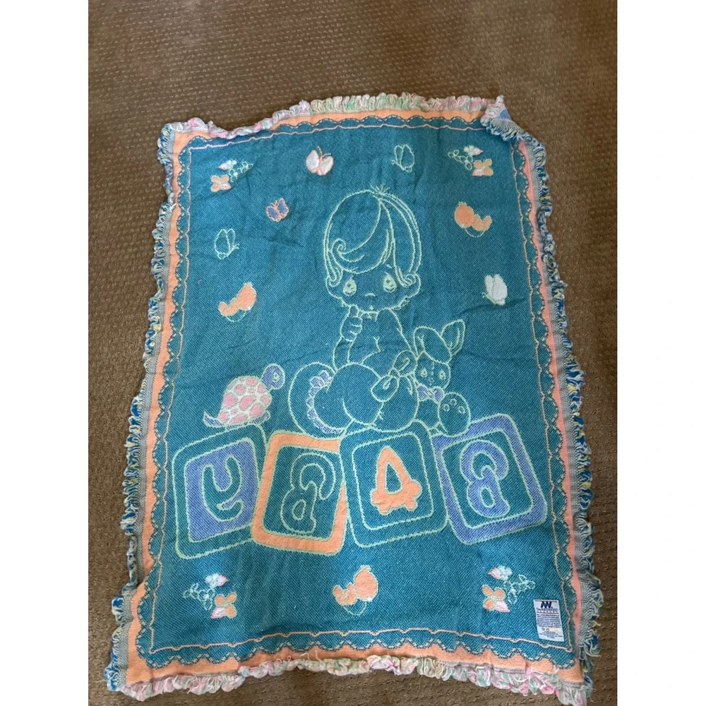 Vintage Precious Moments Baby Blanket Woven Tapestry Reversible Yellow Teal